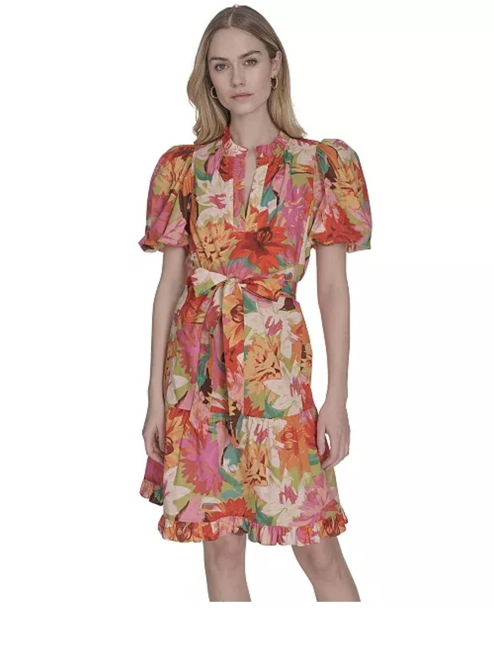 Vince Camuto Pink Orange Floral Tie-Waist Puff Sleeve Mini Dress